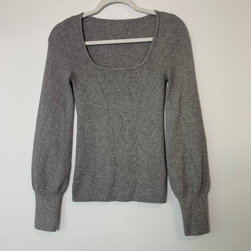 Women's Ribbed Knit Sweater Small Grey Balloon Sleeve Square Neck Balletcore